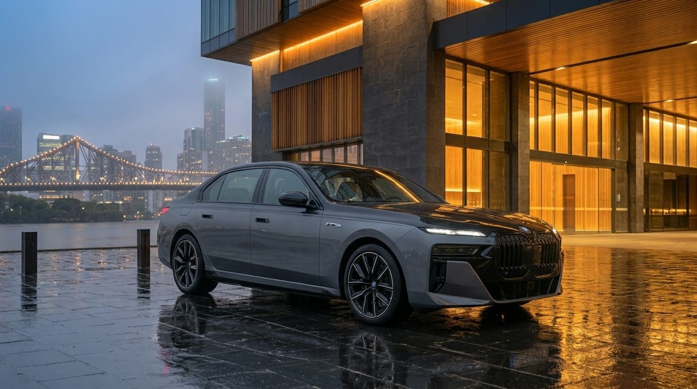 A BMW 7 Series sedan on wet pavement outside a warmly lit building at dusk.