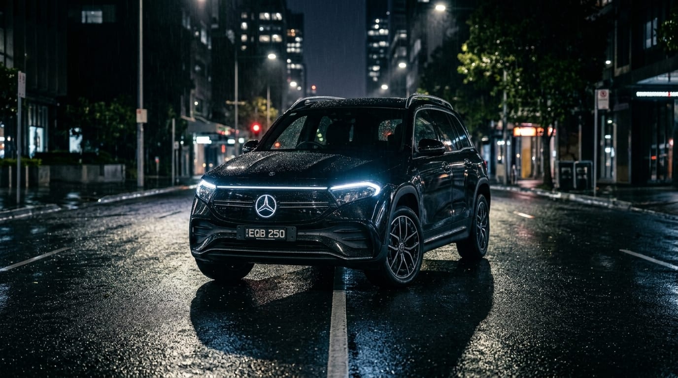 A black Mercedes-Benz EQB on a wet city street at night.