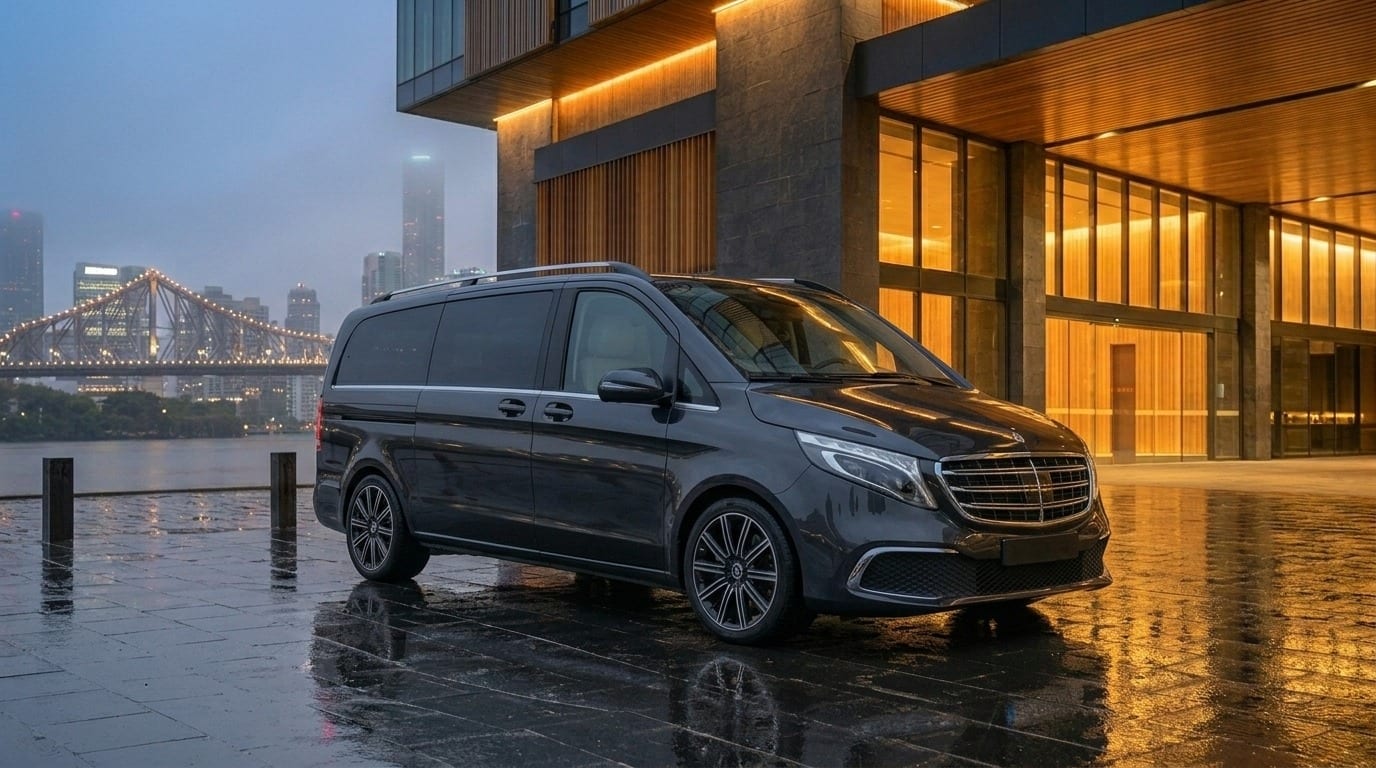 A dark Mercedes-Benz V-Class parked on wet pavement outside a warmly lit building at dusk.