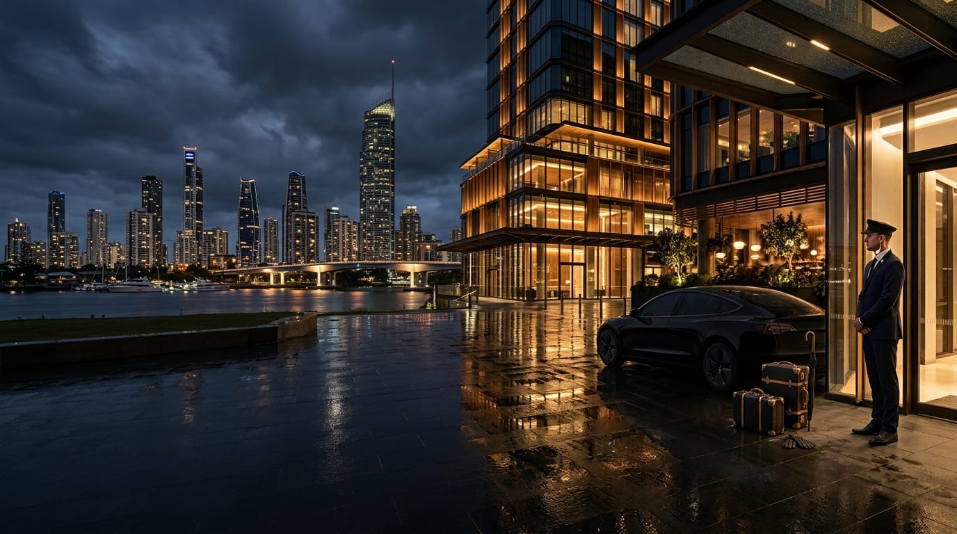 A chauffeur waiting beside a black sedan at the lit entrance of a riverside building, with a city skyline across the water at night.