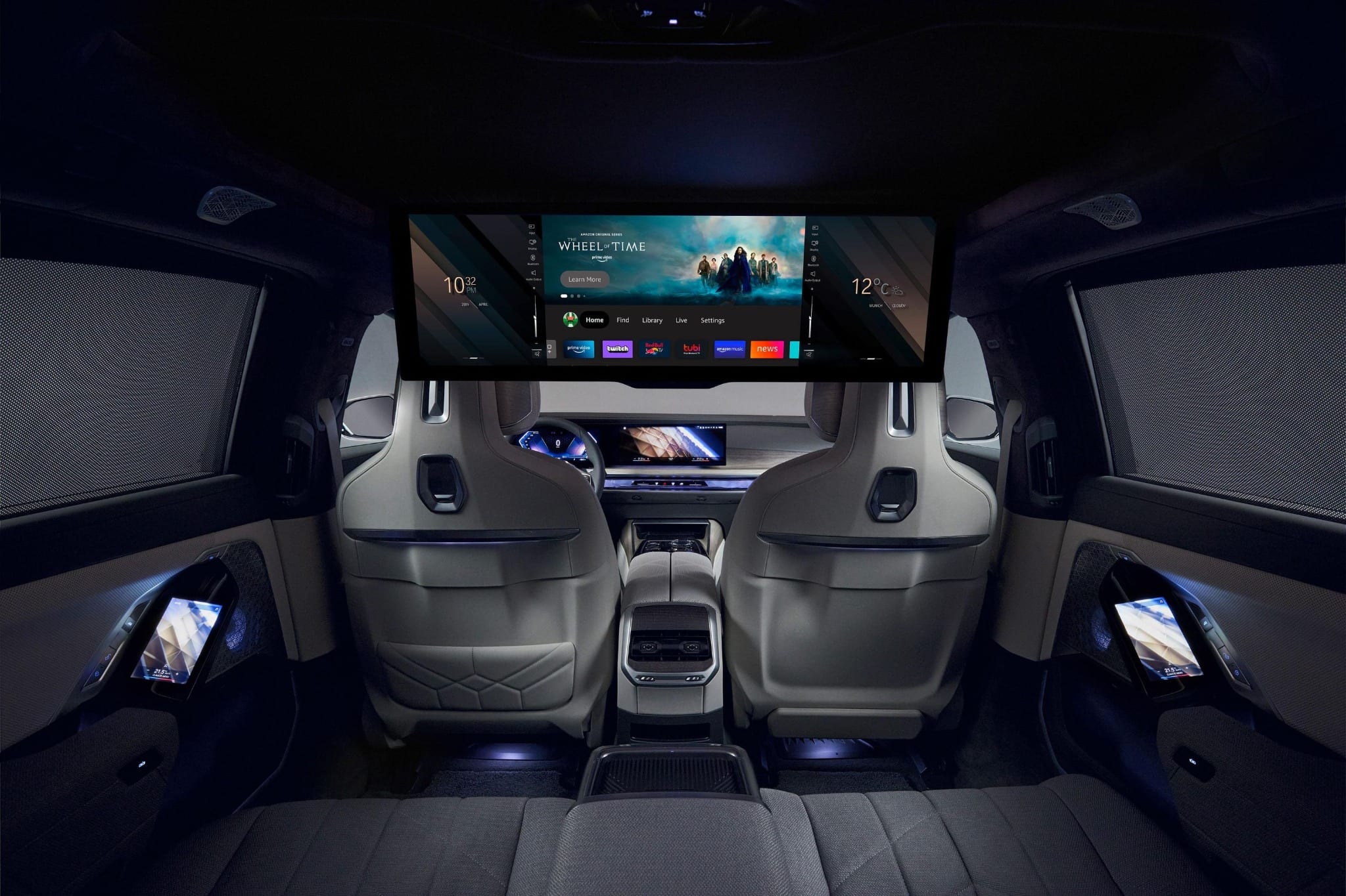 BMW 7 Series rear passenger cabin and entertainment screen.