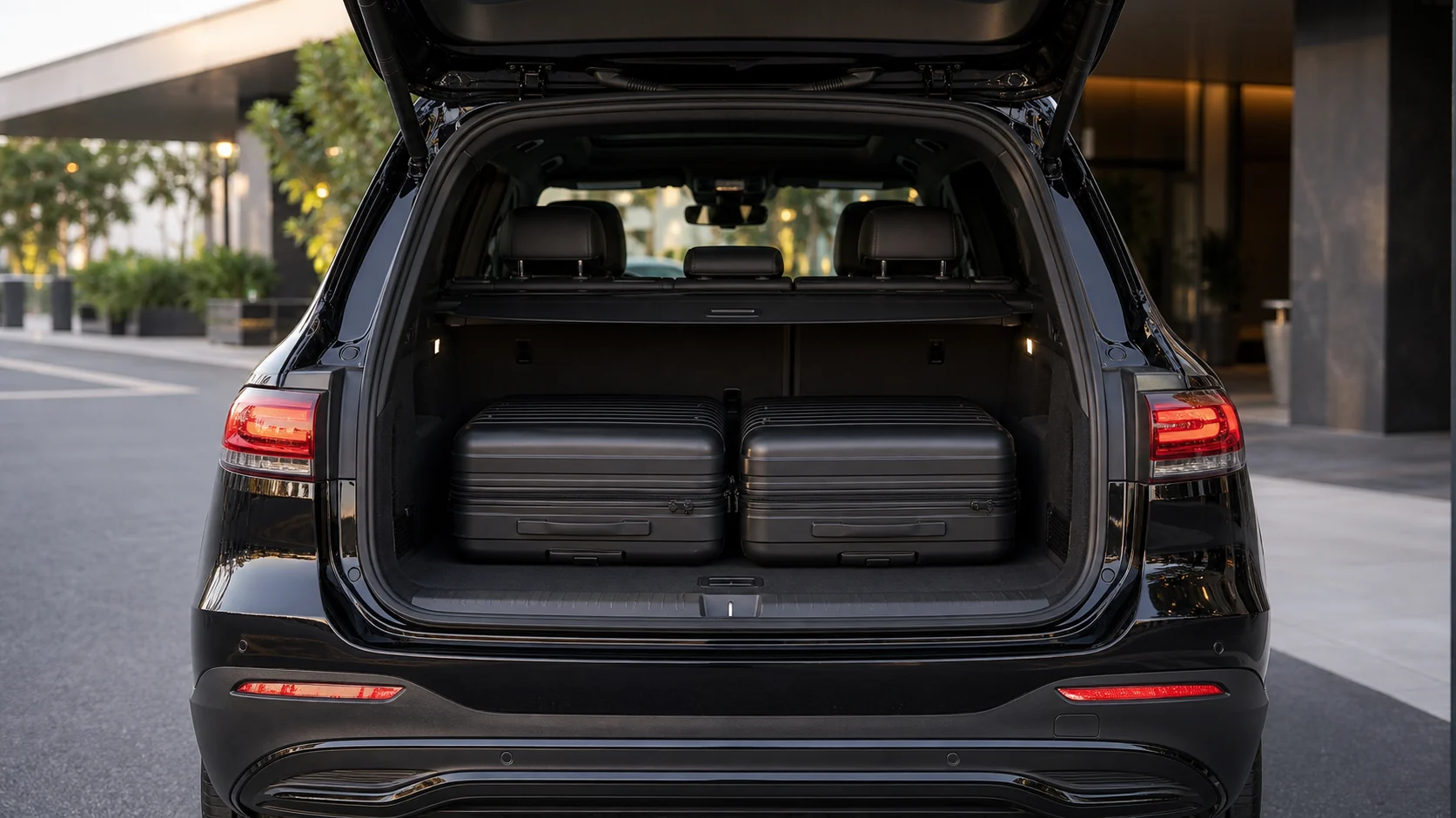 Two large suitcases arranged in the open luggage compartment of a black Mercedes-Benz EQB.