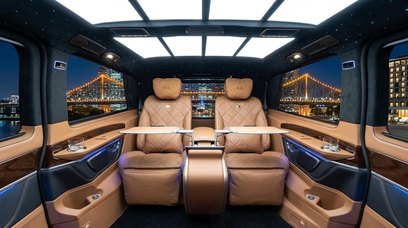 The rear cabin of a Mercedes-Benz V-Class, with facing leather seats and a city view through the windows.