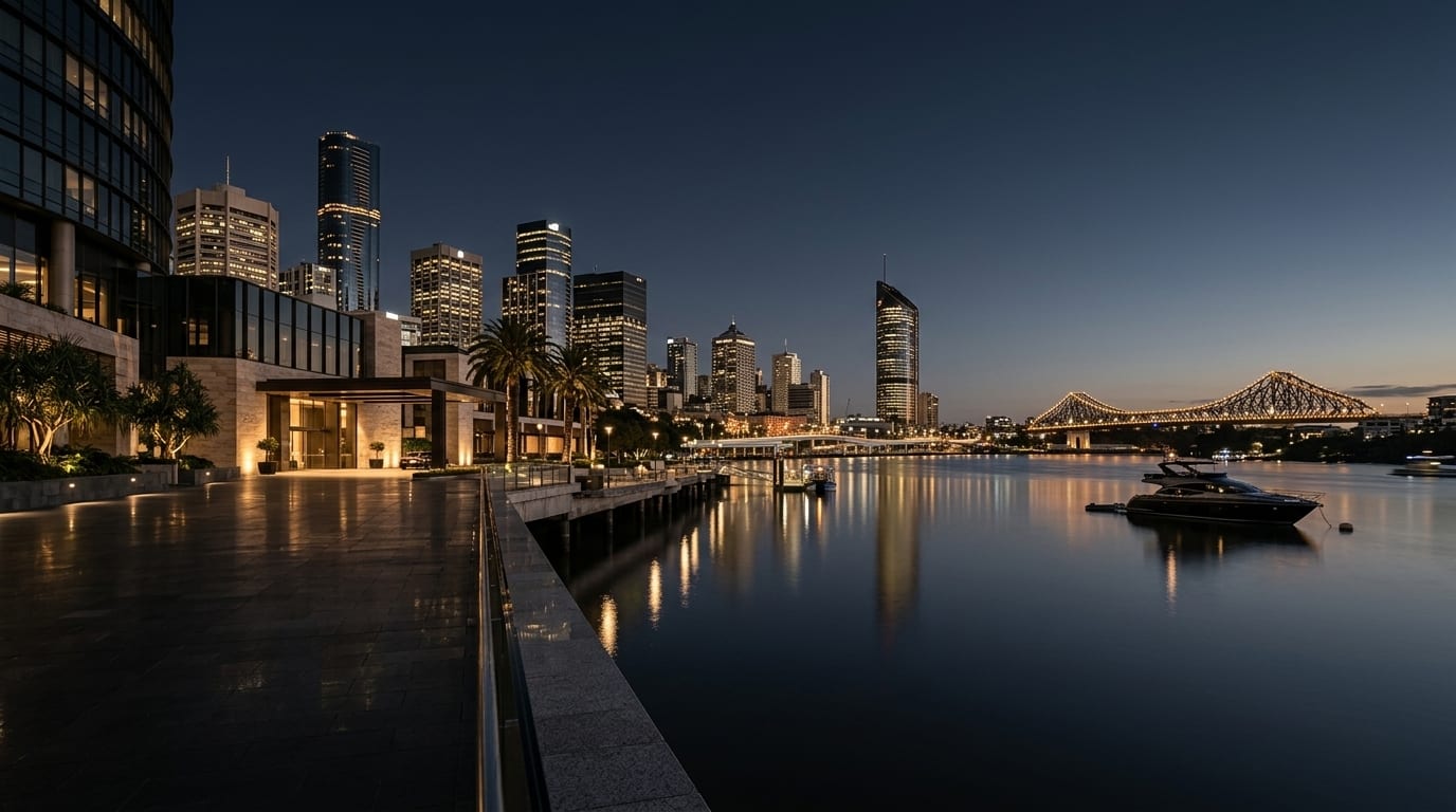 A city skyline and river at dusk, with a lit bridge crossing the water.