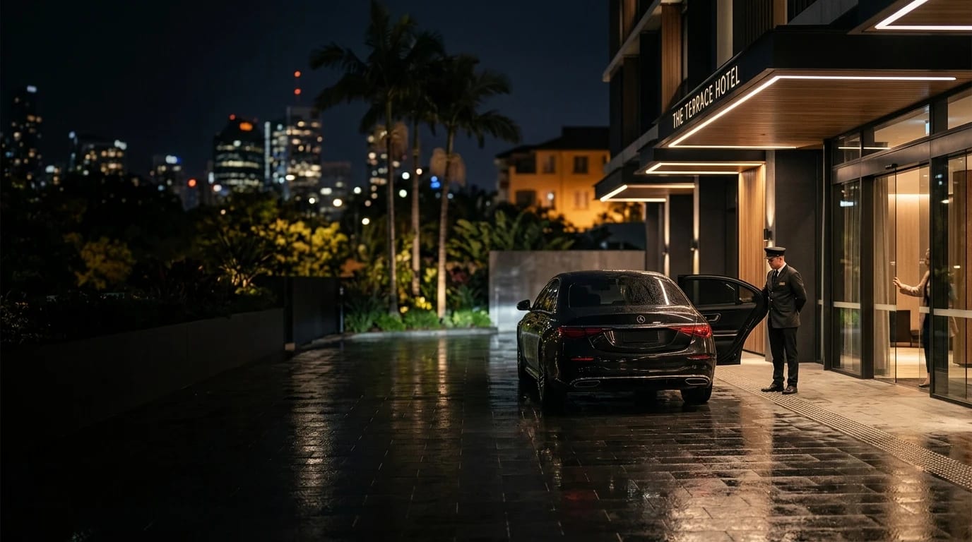 A chauffeur holding a sedan door open outside a warmly lit hotel at night.