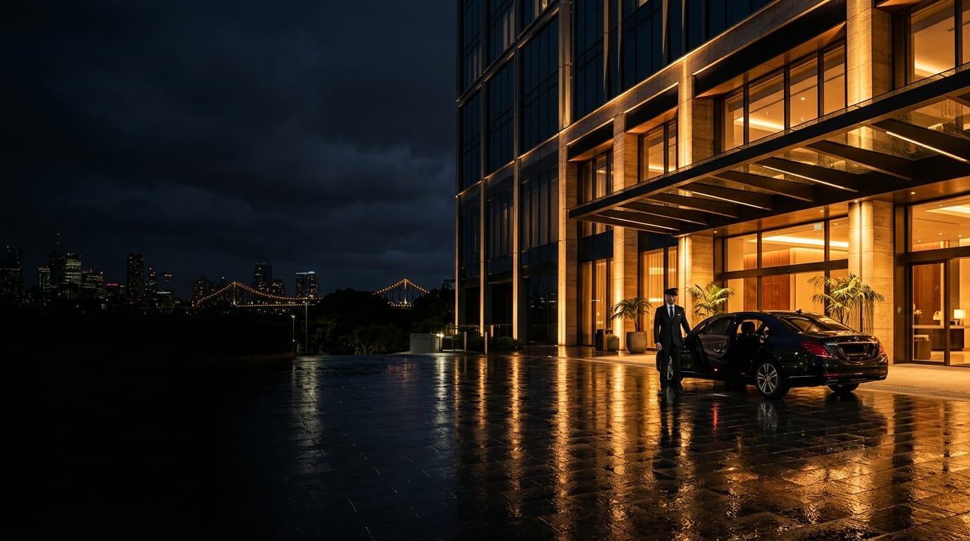 A chauffeur in a dark suit holding open the rear door of a black sedan at a lit building entrance in the evening.