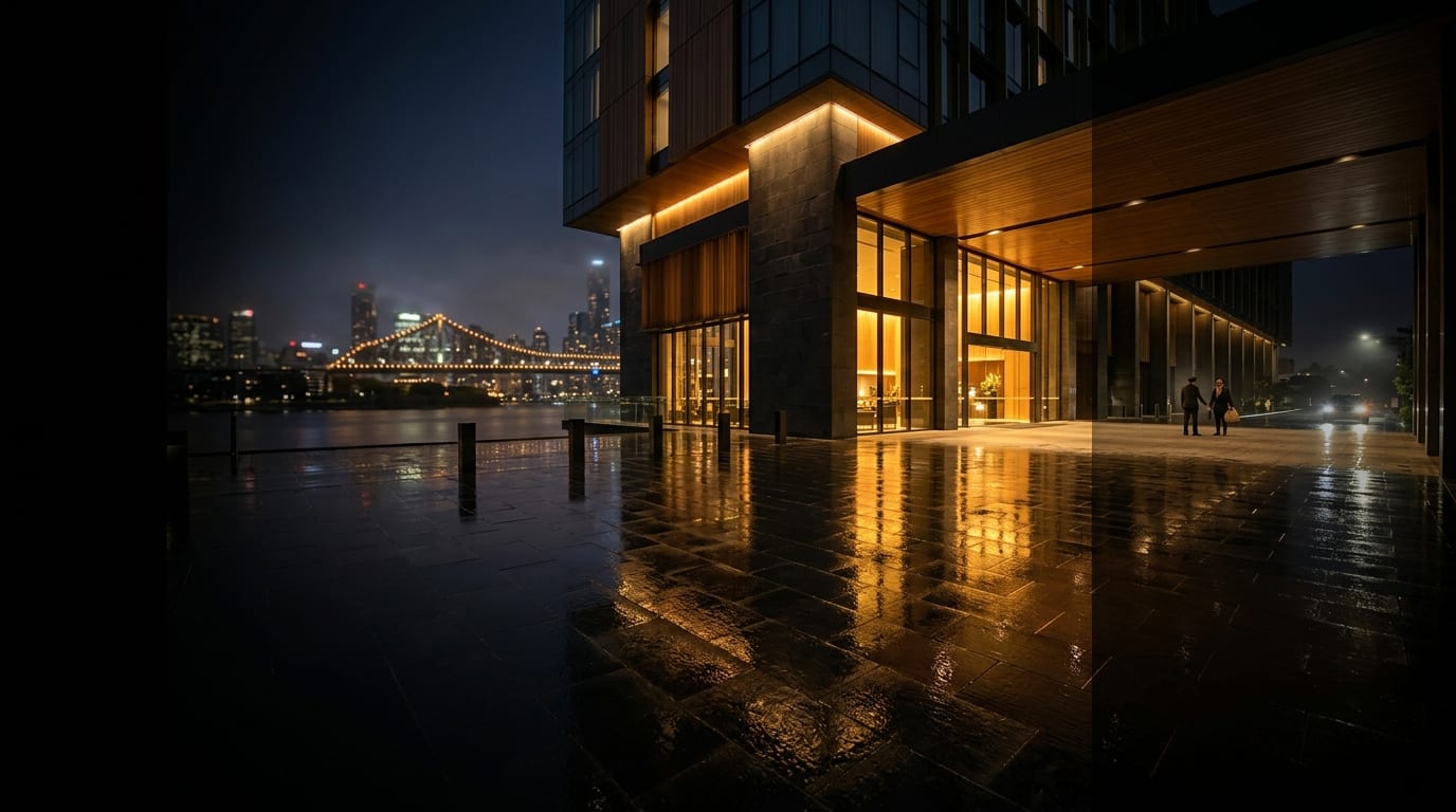 A riverside building entrance at night, with wet pavement and a city skyline and lit bridge across the water.