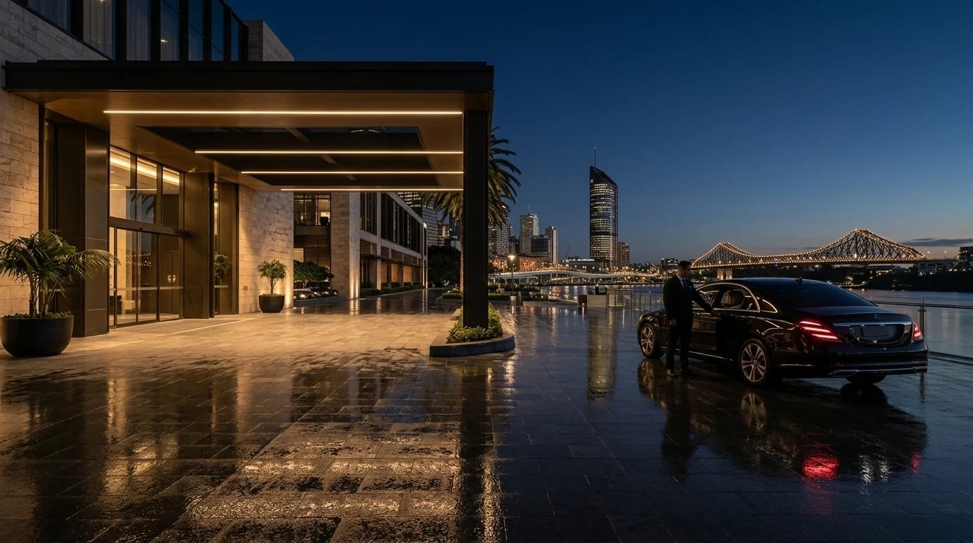 A chauffeur beside a black sedan at a riverside venue at dusk.