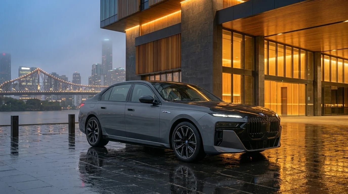 A grey BMW 7 Series beside the Brisbane River and Story Bridge at dusk.