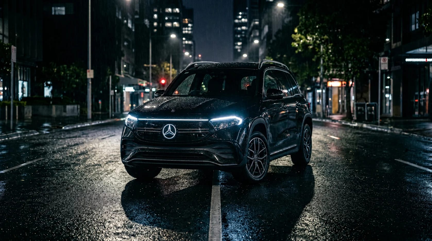 A black Mercedes-Benz EQB on a wet city street at night, photographed without a visible registration plate.