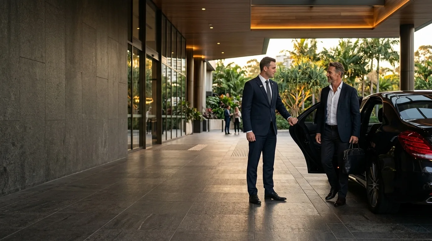 A chauffeur greeting a corporate passenger beside a black sedan at a modern hotel.